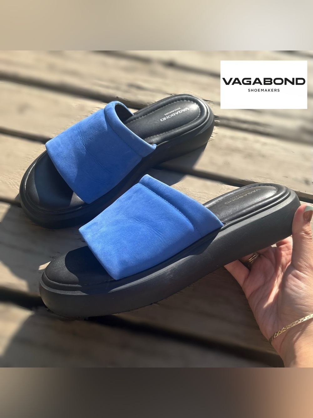 Vagabond Blue Suede Slide Mules with Black Platform